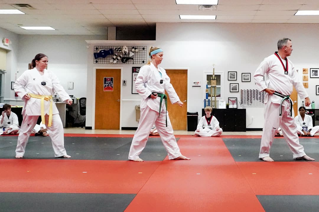 Adult Martial Arts Training at ABBA Martial Arts Peachtree City Adult martial arts students practicing traditional Taekwondo techniques at ABBA Martial Arts in Peachtree City